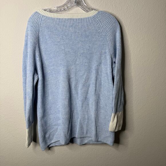 Talbots Plus 1X Blue V-Neck Sweater Pullover Ribbed Knit Long Sleeve Cotton - Picture 2 of 7